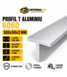 Profil T aluminiu 100 x 50 x 2 mm, 6 metri